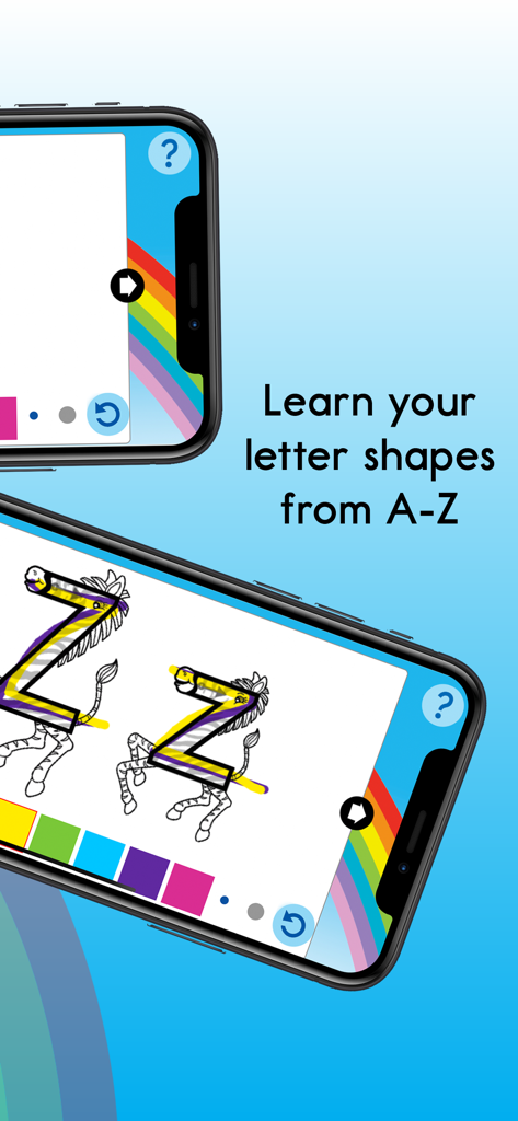La aplicación Letterland Rainbow Writing muestra a un niño trazando las letras Z mayúscula y minúscula con un fondo de personaje de cebra