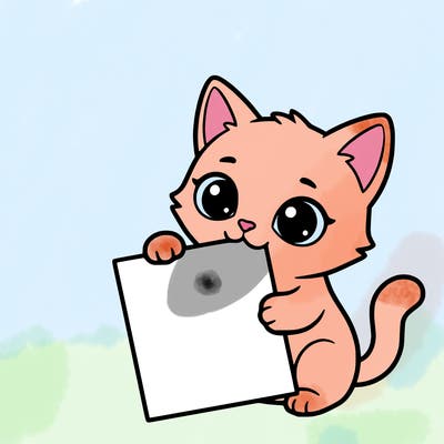 a small cat with a blank sheet of paper in its hand. the cat is sooooooo cute!