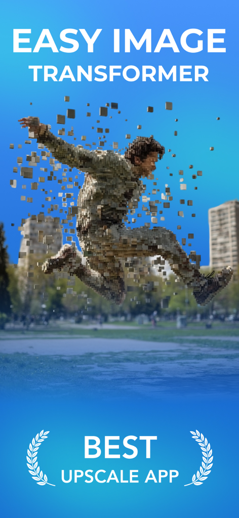 AI Photo Quality Enhancer Аpp - Promoción de la app Mejorador de Calidad de Fotos con IA mostrando a un hombre pixelado saltando con el texto Fácil Transformador de Imágenes