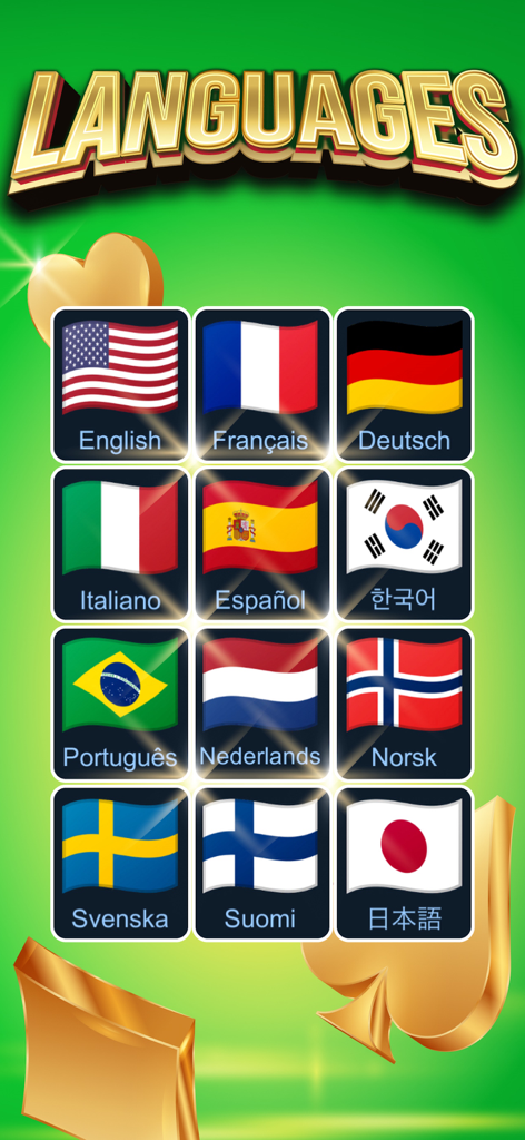 Pantalla de selección de idioma en la aplicación Colección de Juegos de Cartas Clásicos mostrando doce banderas de países para la localización