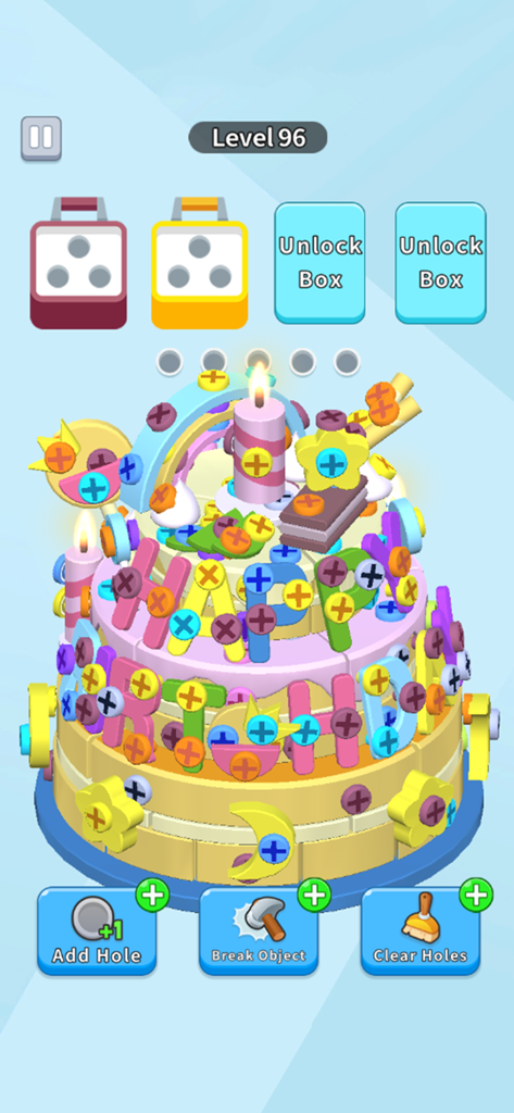 A colorful 3D birthday cake level in the Screw Away Pin Puzzle mobile game