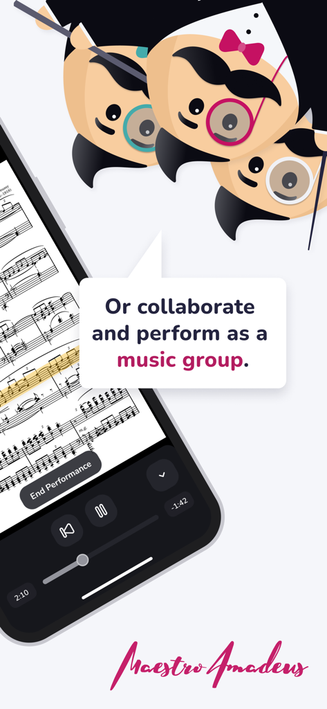 Maestro Amadeus - Sheet Music - Maestro Amadeus App-Bildschirm zeigt digitale Noten und Text über die Zusammenarbeit als Musikgruppe
