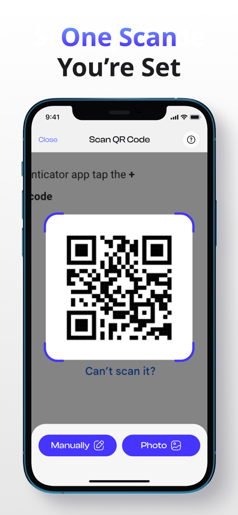 Ein Smartphone, das die Authenticator-App-Oberfläche zum Scannen eines QR-Codes zur Aktivierung der Zwei-Faktor-Authentifizierung anzeigt.