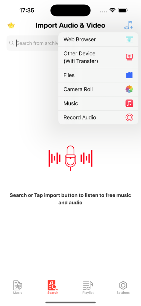 Music Lite - Music Player - Interfaz de la aplicación Music Lite que muestra opciones para importar audio y video a través de la transferencia de archivos WiFi o el carrete de la cámara
