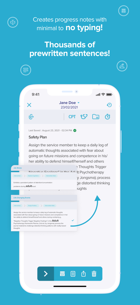 Mimo AI Clinical Notes - Oberfläche der Mimo AI Clinical Notes App, die vorformulierte Sätze zur automatisierten Erstellung von Fortschrittsnotizen zeigt.