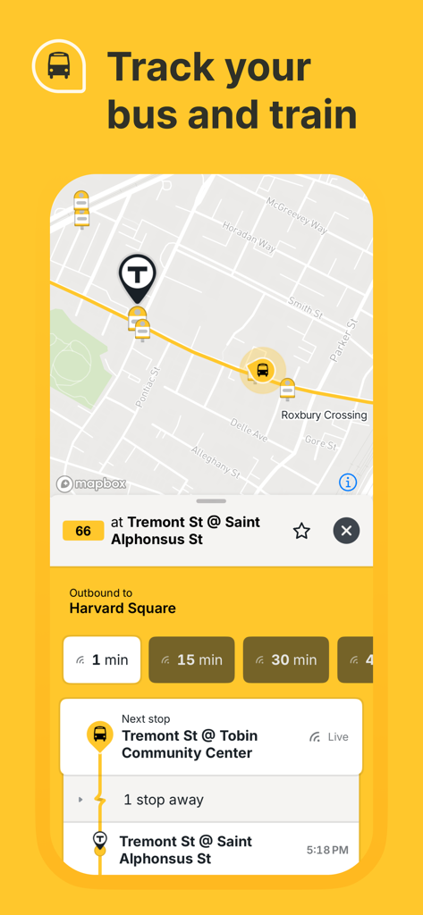 A mobile app interface showing a real-time map with live bus tracking and arrival times for the MBTA in Boston.