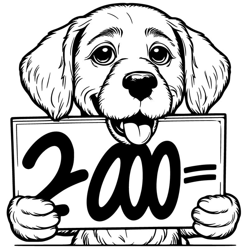 realistic dog holding a 200 like sign in his mouth