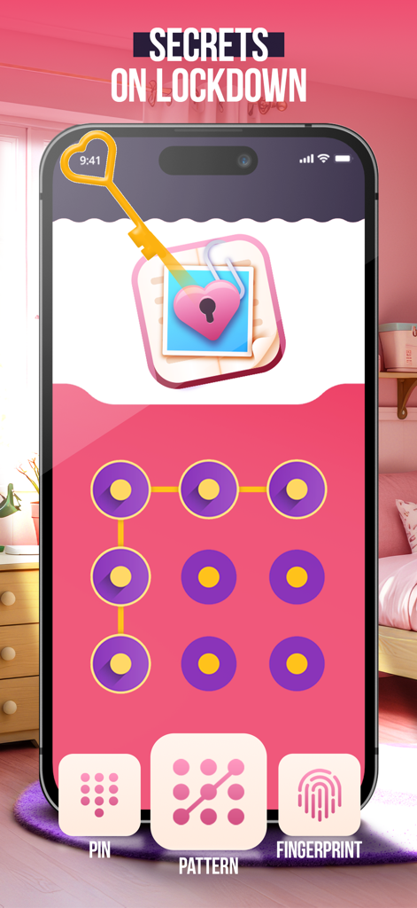 My Super Secret Diary Notes - A pink interface of the My Super Secret Diary app showing security options like PIN, pattern, and fingerprint lock to protect private notes.