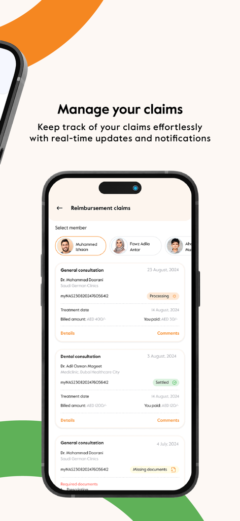 SmartCare by Cigna - SmartCare by Cigna app screen displaying a list of reimbursement claims for various family members including status tracking
