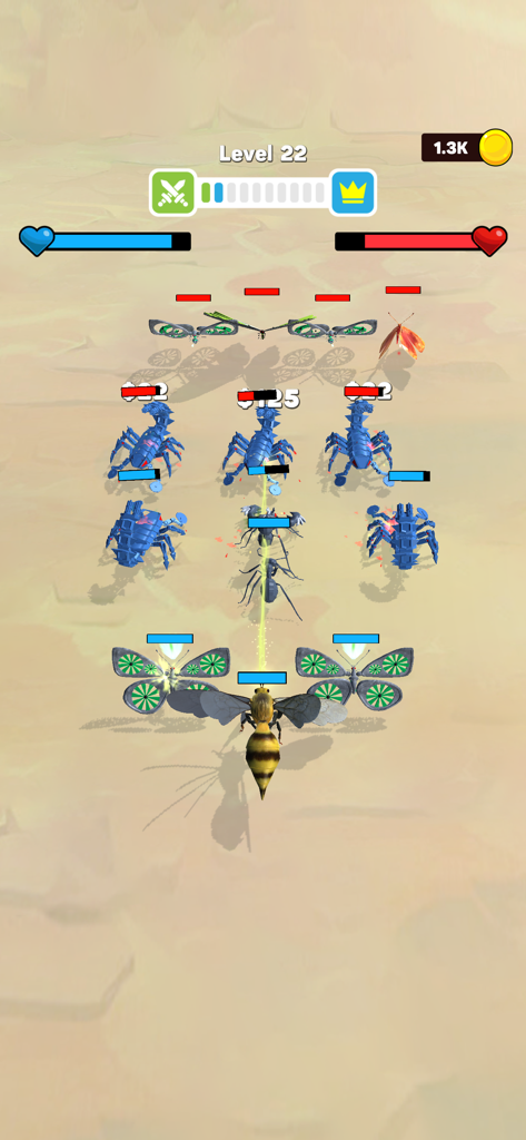 Merge Ant: Insect Fusion - Una arena de batalla de insectos 3D en Merge Ant Insect Fusion que muestra escorpiones e insectos voladores luchando en el nivel 22.
