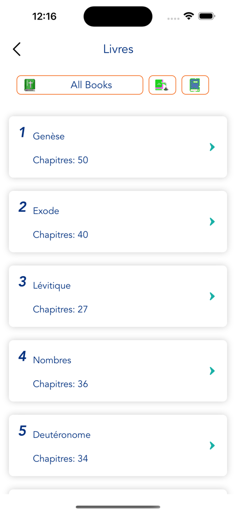 French Bible - Offline - Lista de libros de la Biblia en francés dentro de la aplicación mostrando Génesis y Éxodo.