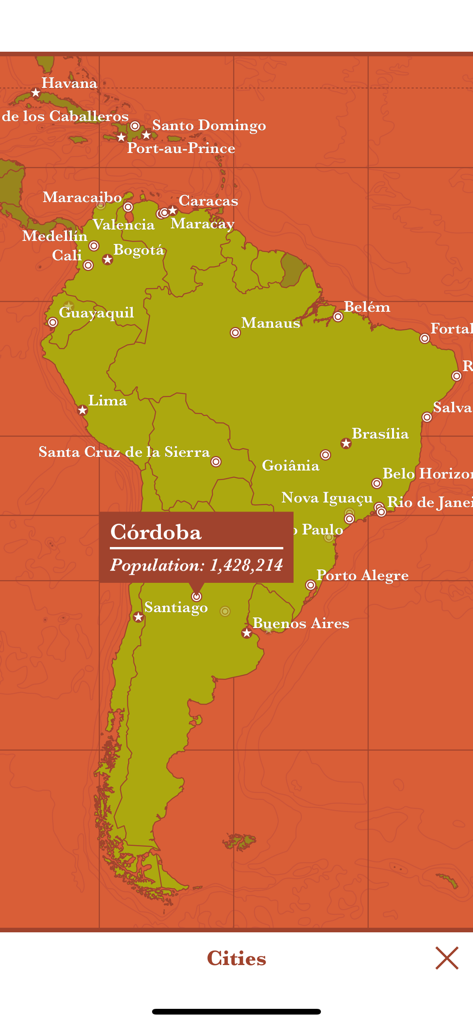 Una captura de pantalla de una aplicación de geografía que muestra un mapa de Sudamérica con marcadores de ciudades y un cuadro de detalles de población para Córdoba.