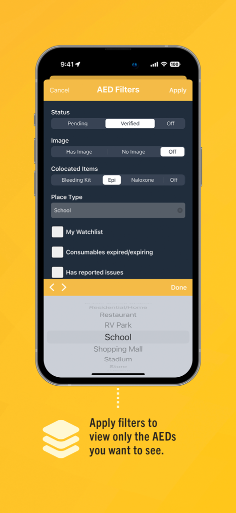 A mobile interface showing filters for AED status verified items like EpiPens and place types like schools