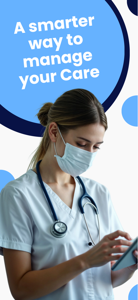 MDConnect by PatientClick - A healthcare professional in scrubs and a mask using a tablet with the text A smarter way to manage your Care