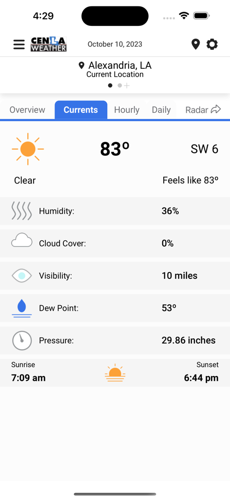 Mobile app interface for CenLa Weather displaying current weather data for Alexandria Louisiana