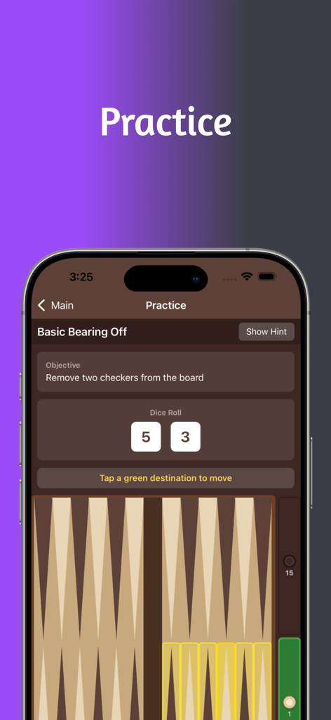 Backgammon - Play & Learn - Backgammon Übungsmodus-Bildschirm, der eine einfache Abtragungsübung mit interaktivem Brett und Würfeln zeigt