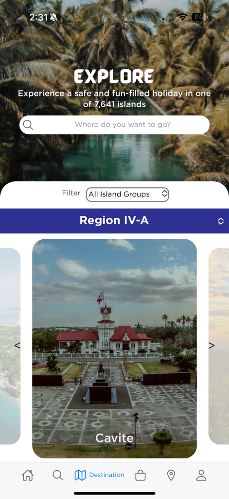 Travel Philippines - Travel Philippines app explore page showing Cavite destination and search bar