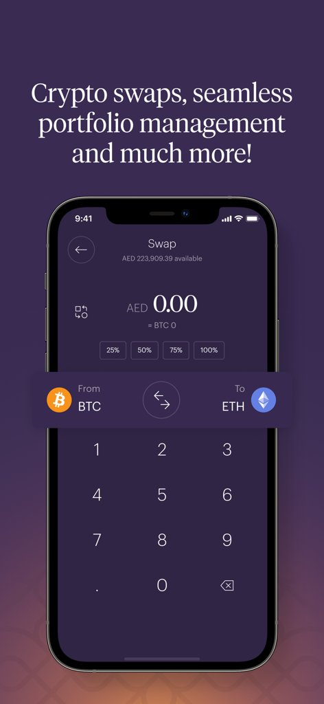 Mobile interface of the Rain app showing a cryptocurrency swap from Bitcoin to Ethereum with AED currency values.