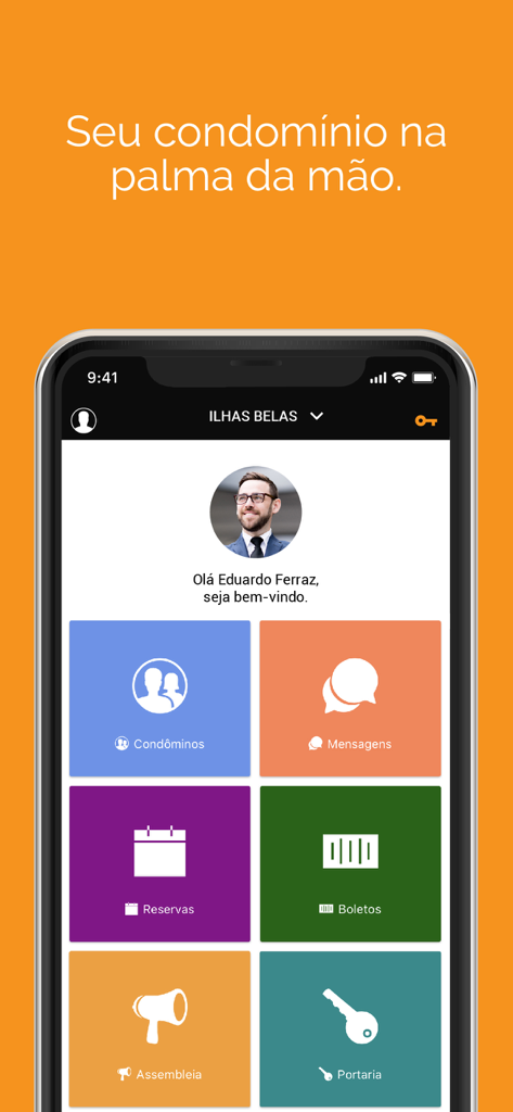 Gesta Administradora - Smartphone-Bildschirm, der das Dashboard der Gesta Administradora-App mit Symbolen für Bewohner, Nachrichten, Reservierungen und Rechnungen auf Portugiesisch anzeigt