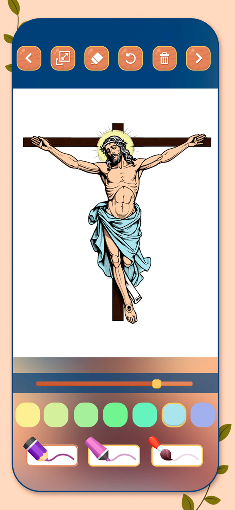 Bible Coloring Book Paint Game - A digital coloring page of Jesus on the cross within the mobile app interface featuring various painting tools and color options