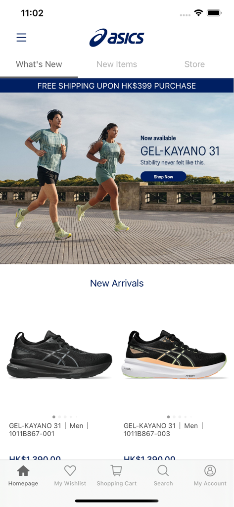 ASICS HK - ASICS HK mobile app home screen featuring the GEL-KAYANO 31 running shoes and new arrivals.
