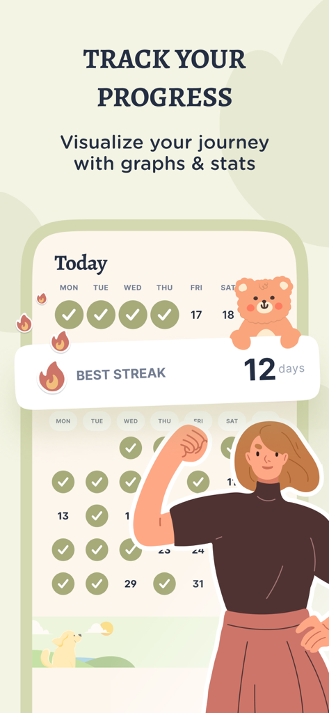 A screenshot of the TeddyCare app displaying a daily habit streak and progress calendar.