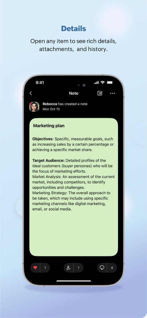 Streams - for Zoho Mail - iPhone screenshot showing detailed marketing plan note with objectives and strategy in the Streams app