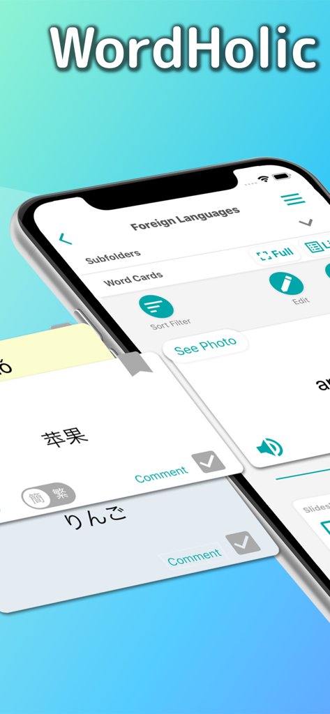 WordHolic mobile app interface showing DIY language flashcards with Chinese and Japanese characters