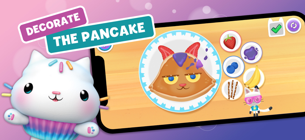 Decorating a cat shaped pancake in Gabby's Dollhouse app