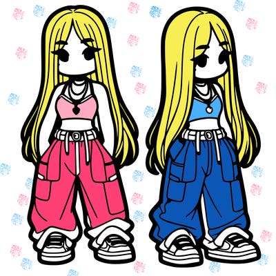 girl in baggy pants crop top and long hair