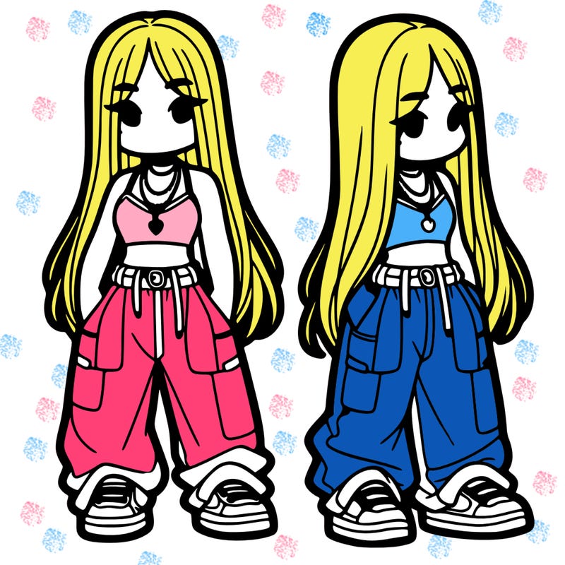 girl in baggy pants crop top and long hair