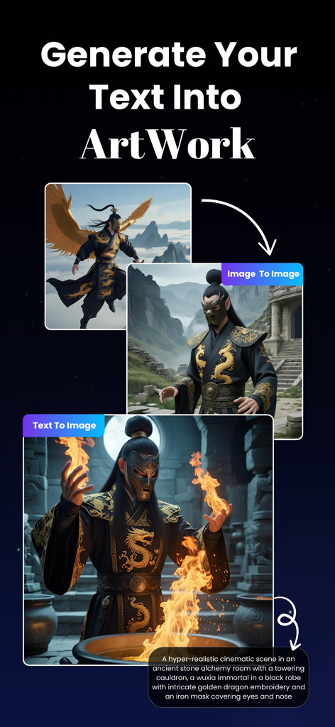 Playground AI app interface demonstrating text-to-image generation of a cinematic fantasy character with a detailed prompt