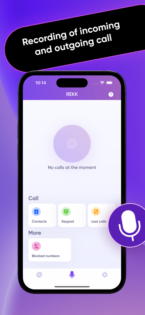 REKK Call Recorder app interface on iPhone showing features for recording incoming and outgoing calls