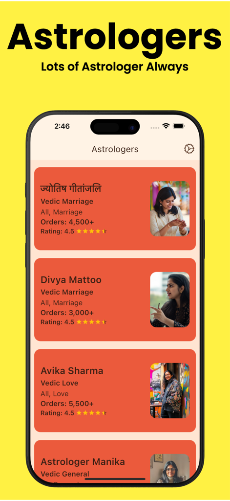Astro Talk AI - A list of professional astrologers on the Astro Talk AI app showing names, specialties like Vedic Love, and star ratings.