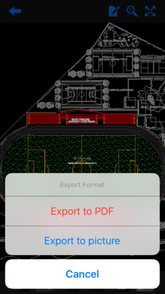 Interfaz de la aplicación CAD móvil que muestra opciones de exportación a PDF e imagen sobre un plano de diseño de un estadio