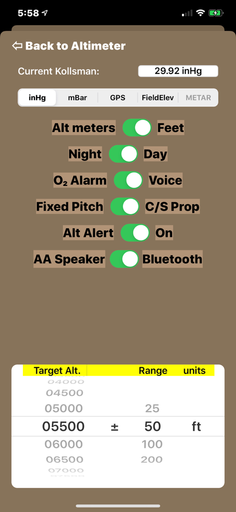 Settings screen of the avAltimeter app showing configuration options for altitude units oxygen alarms and night mode