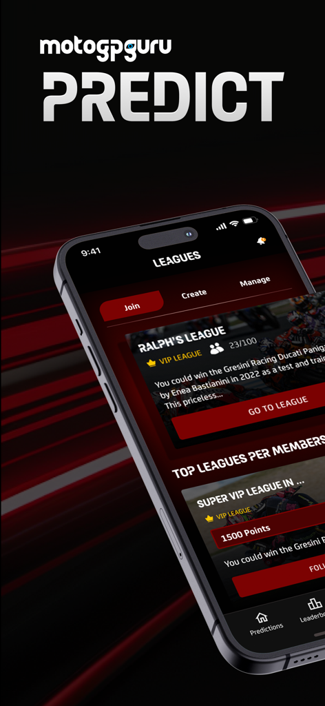 MotoGP™ Guru Predict - Screenshot der MotoGP Guru Predict App, der Rennligen zum Beitreten oder Erstellen anzeigt