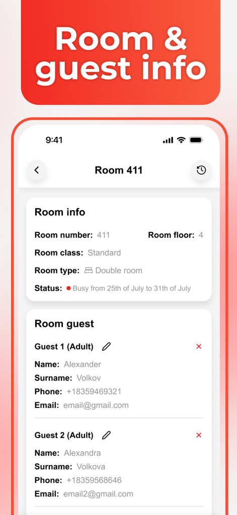 Écran de l'application mobile montrant le statut des chambres de motel et les détails de contact des clients.