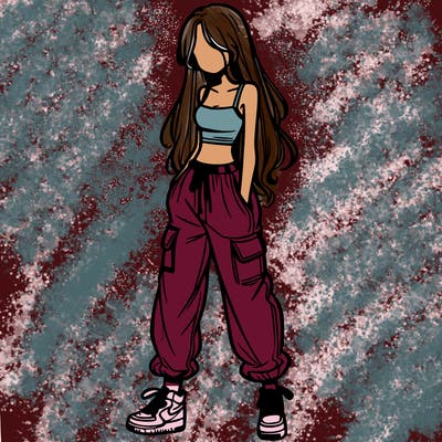 girl in baggy pants crop top and long hair