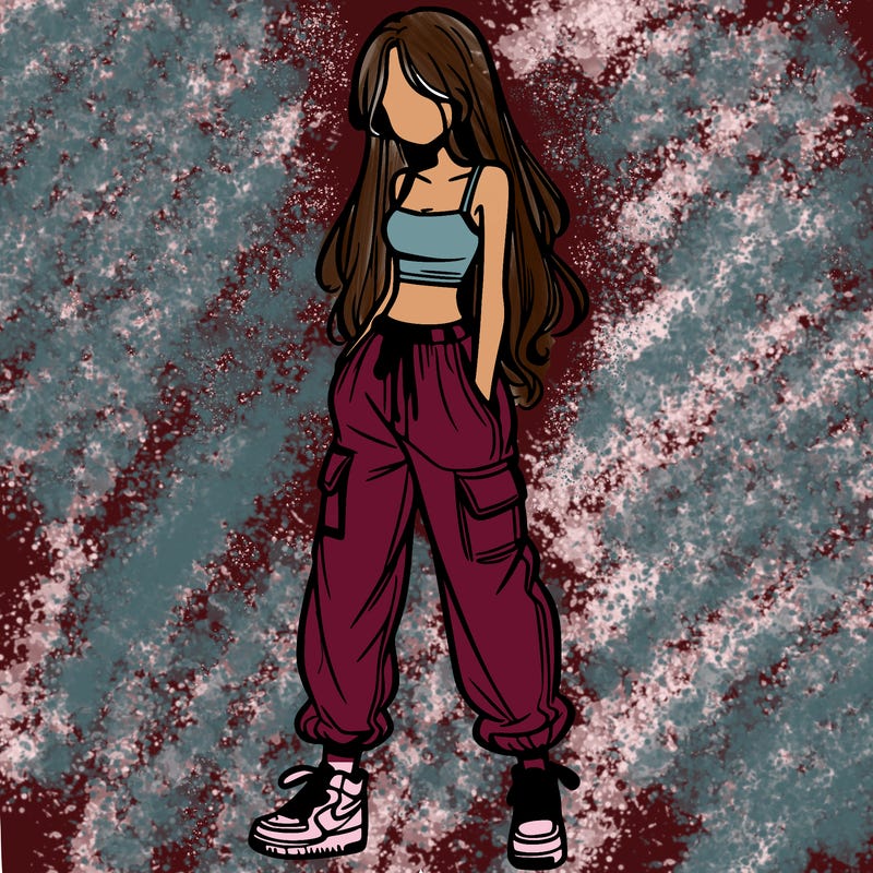 girl in baggy pants crop top and long hair