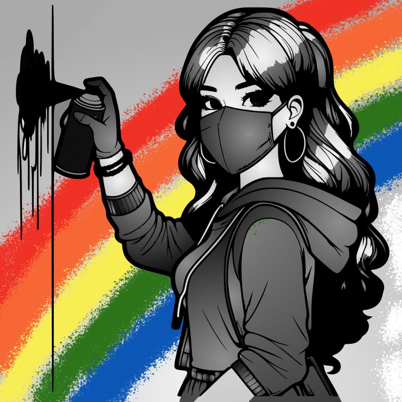 realistic girl with mask spray painting a wall