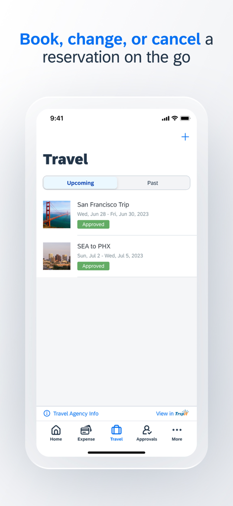 A screenshot of the SAP Concur mobile app travel screen showing a list of approved upcoming business trips.