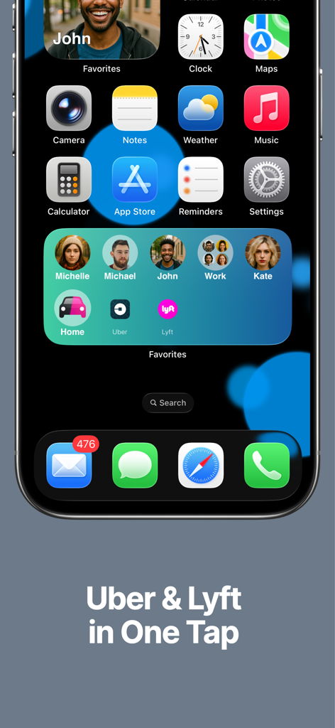 Favorites Widget Pro - Favorites Widget Pro app interface on an iPhone home screen displaying a widget with quick access to Uber and Lyft services