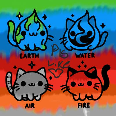 4 cats that represent the different elements, earth, water, air, and fire