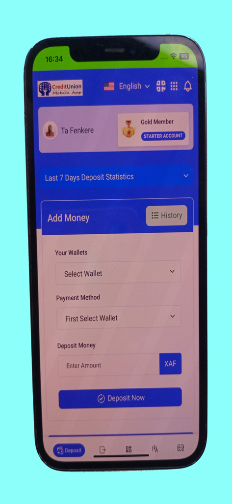 Credit Union Mobile App - Interface of the Credit Union Mobile App showing a user depositing money into a digital wallet.