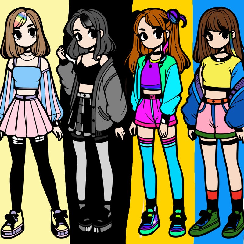 one girl with crop-top shirt and a jacket with a skirt, long socks and another girl with a shirt and pants with a jacket