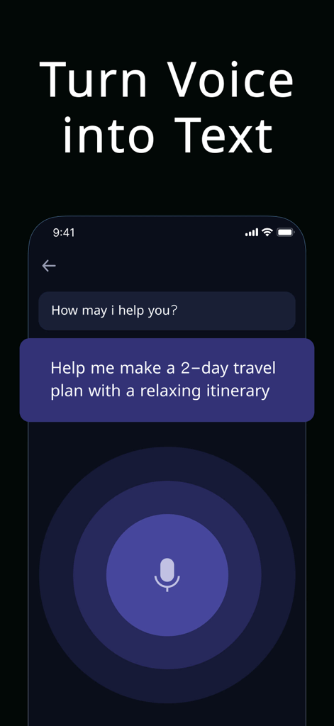 Interface de smartphone do aplicativo G.AI mostrando um recurso de voz para texto com um usuário solicitando um plano de viagem.