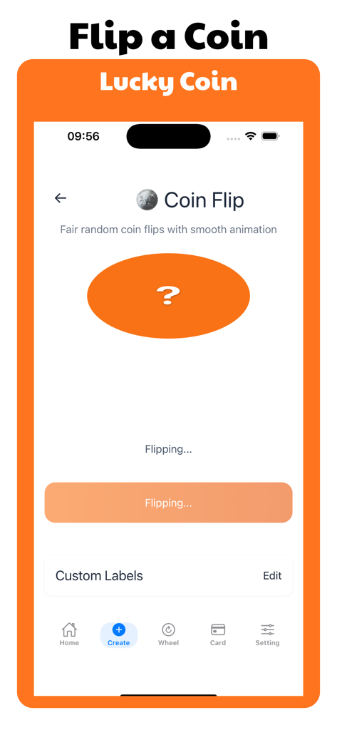 Interface of the digital coin flip feature within the Wheel of Names app showing a lucky coin animation for random decision making