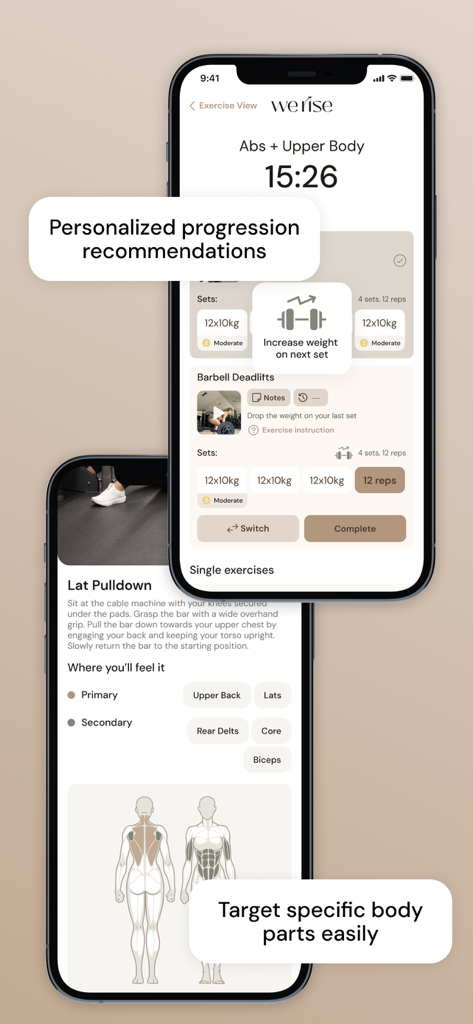 Pantallas de la aplicación WeRise que muestran recomendaciones de progresión de ejercicios personalizadas y diagramas dirigidos a músculos para el entrenamiento de fuerza