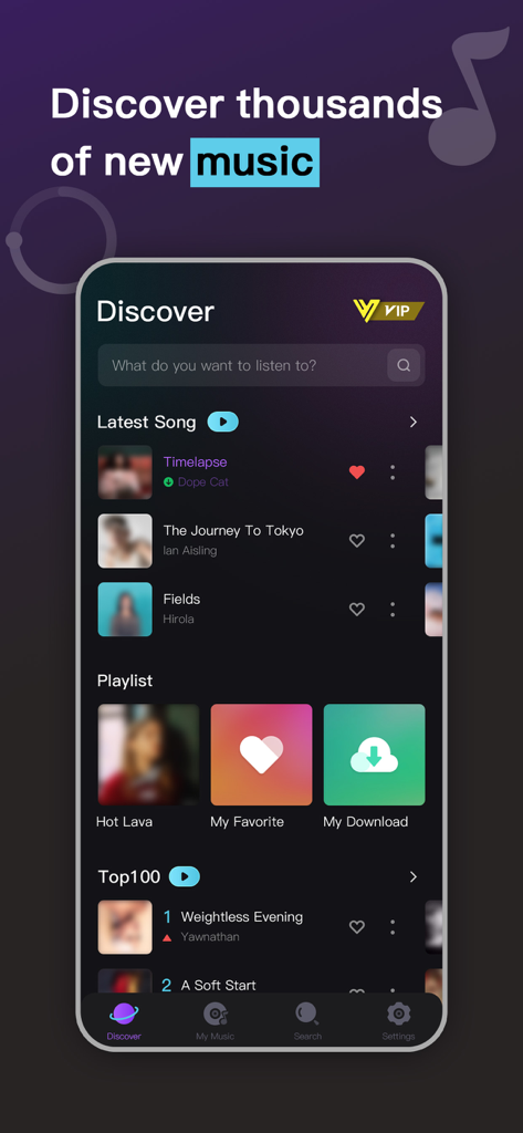 MusicBox - Music&Video Player - Interfaz de descubrimiento de la aplicación MusicBox con barra de búsqueda de últimas canciones y listas de reproducción